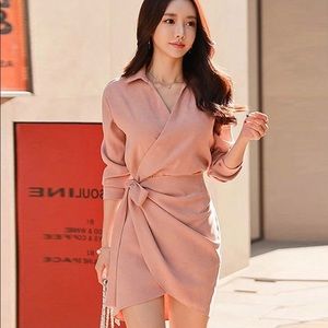 Plain Tie-Waist Long-Sleeve Mini Collared Dress